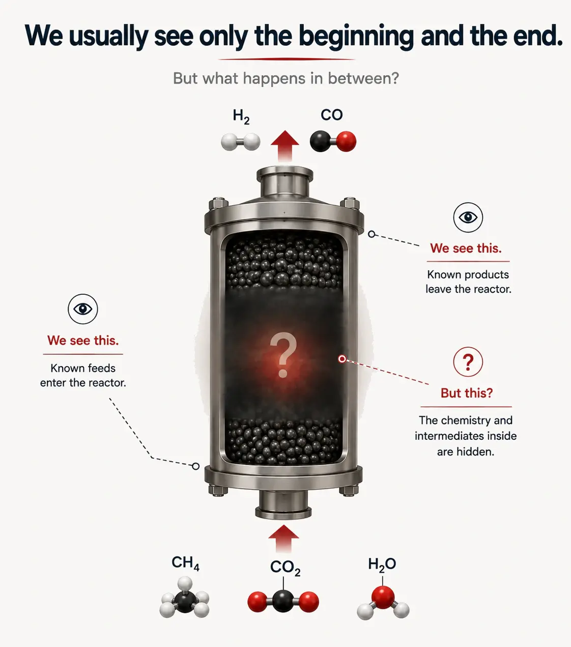 Reactor-scale view with inlet, catalyst chemistry, and outlet products