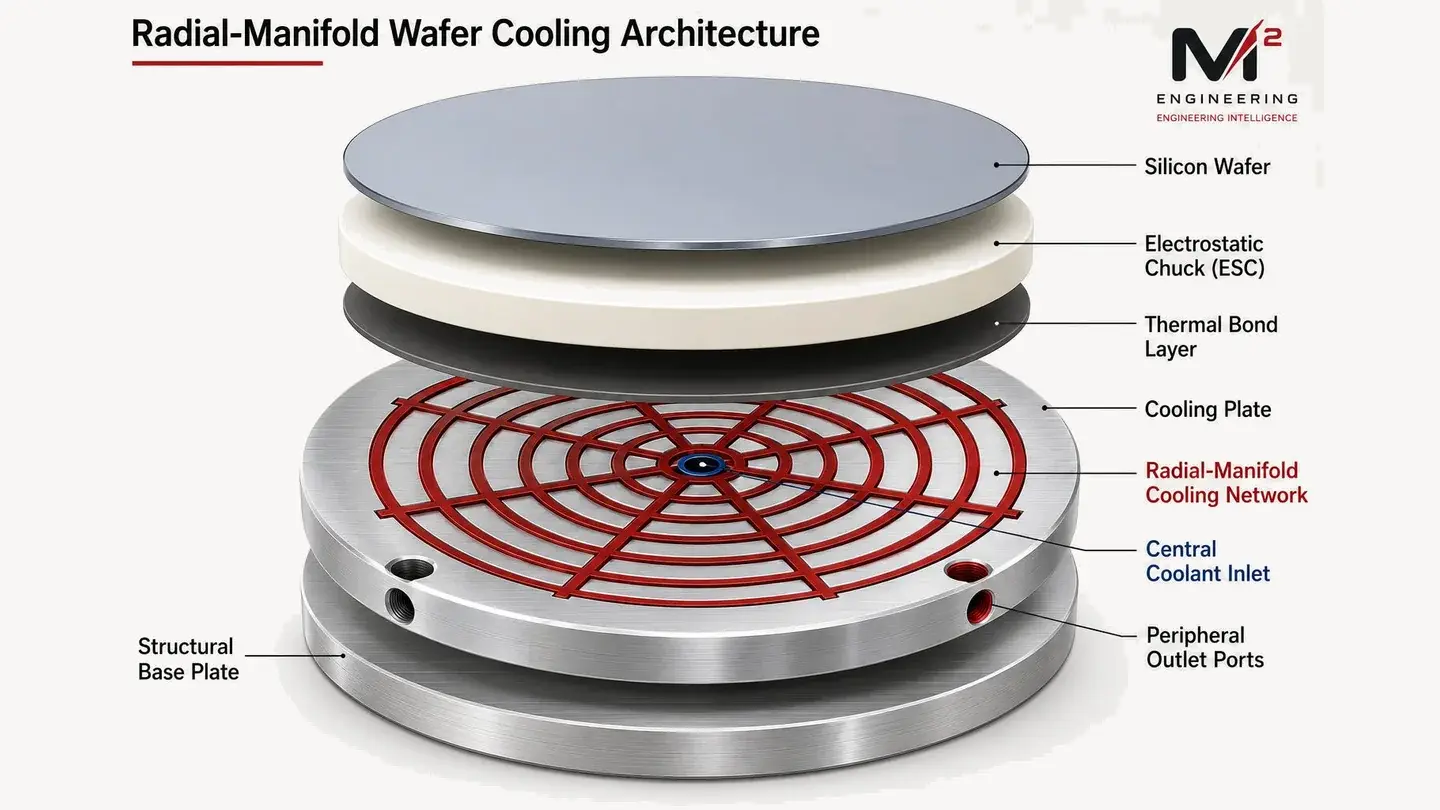 Radial-manifold cooling architecture for a semiconductor wafer