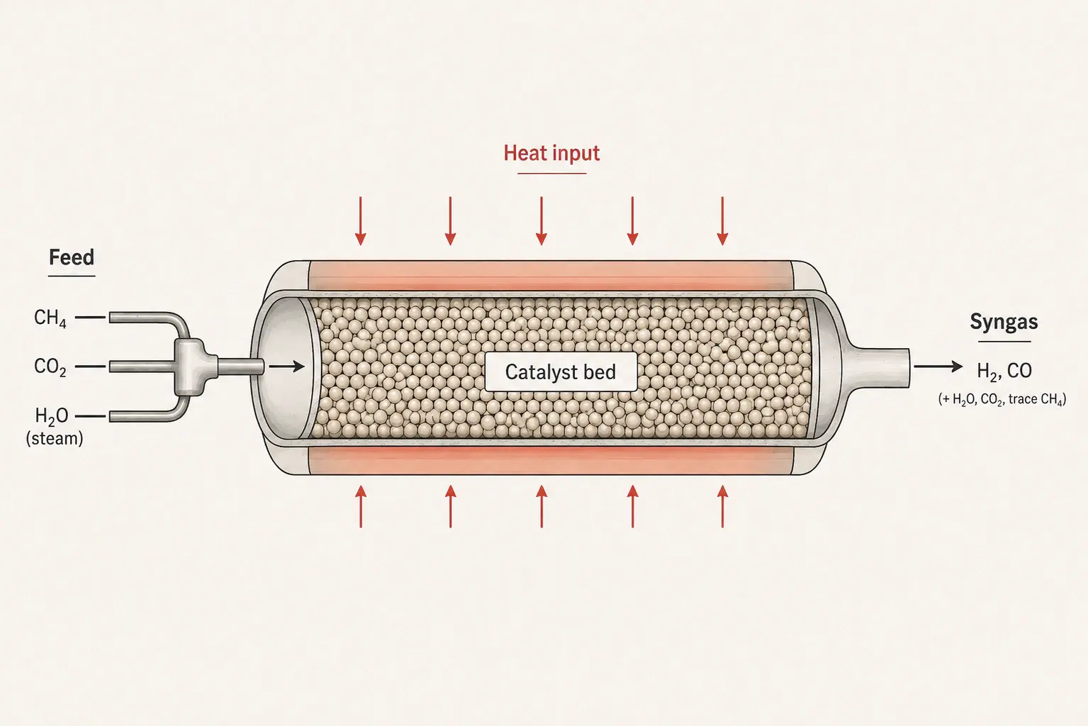 Biogas bi-reforming reactor with a heated packed catalyst bed