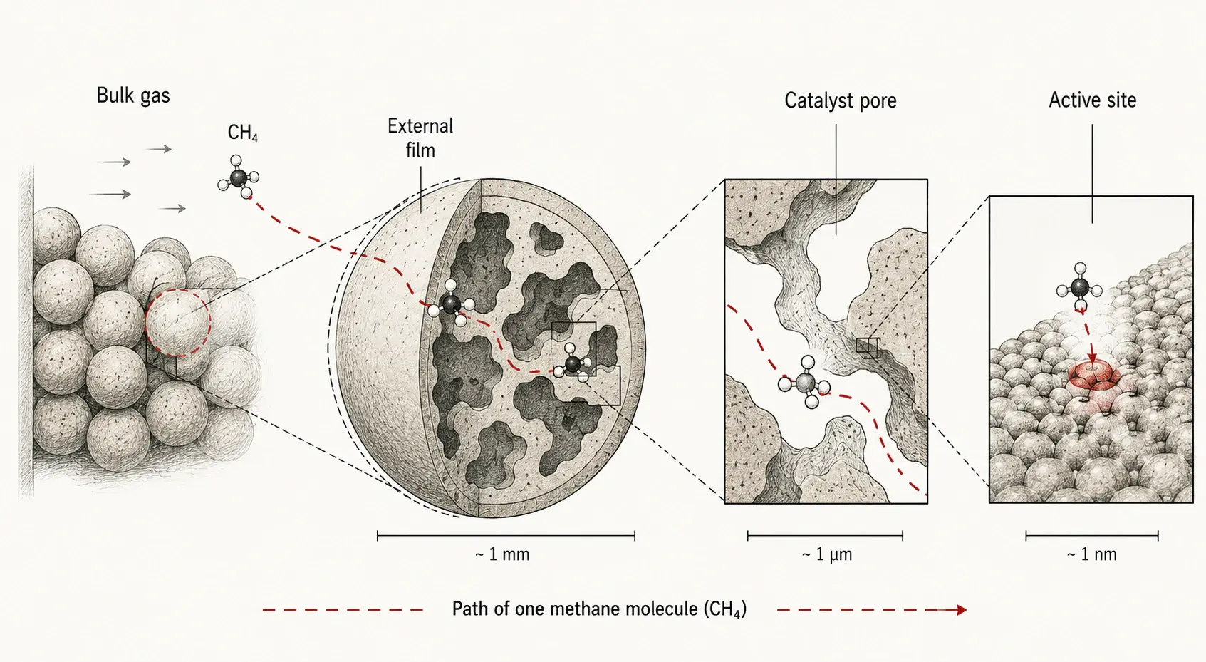 Methane molecule moving from the bulk gas into a porous catalyst pellet
