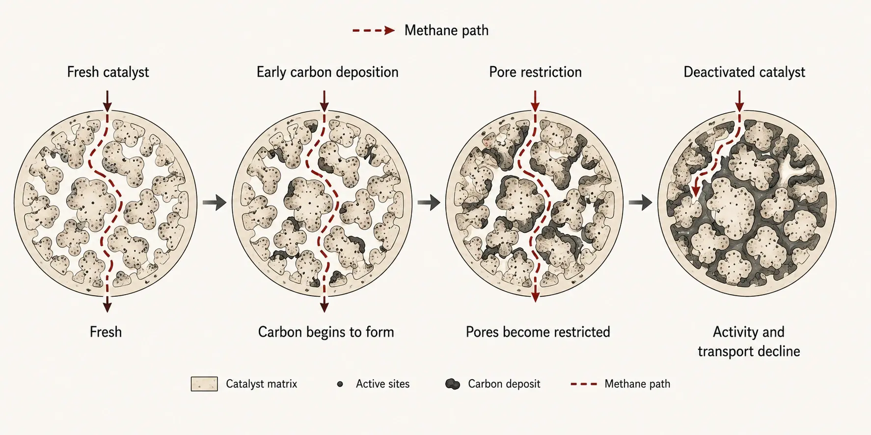 Carbon deposition progressively blocking catalyst sites and pores
