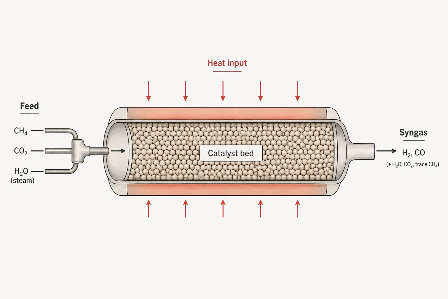 Biogas bi-reforming reactor with a heated packed catalyst bed