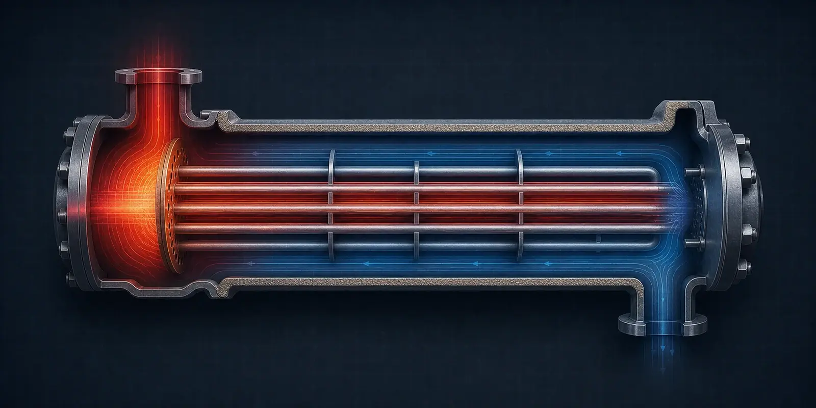 Industrial heat exchanger showing conduction, convection, and radiation
